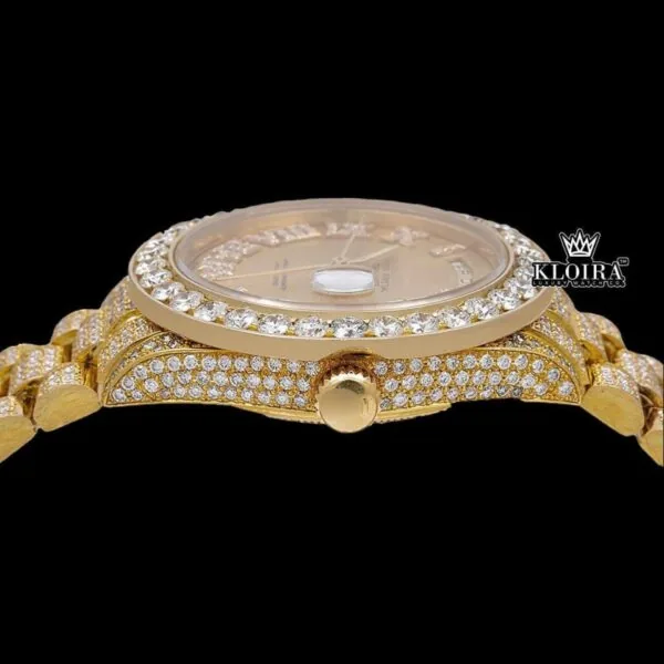 Yellow Roman Dial Day Date Display Iced Out Yellow Gold Moissanite Watch Crown View