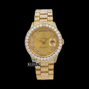 Yellow Roman Dial Day Date Display Iced Out Yellow Gold Moissanite Watch