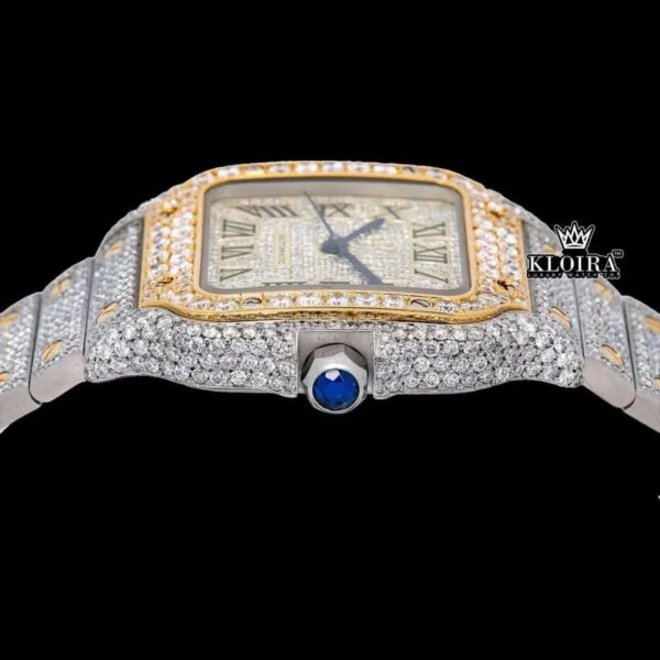 Yellow Roman Dial Two Tone Iced Out Moissanite Diamond Watch Crown View