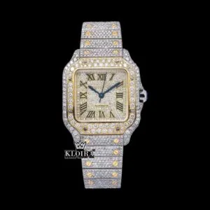 Yellow Roman Dial Two Tone Iced Out Moissanite Diamond Watch