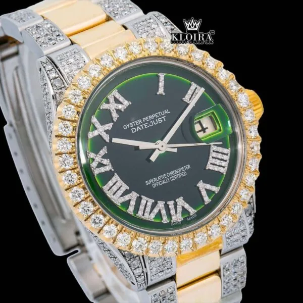 Yellow Roman Numerals Green Dial Two Tone Moissanite Diamond Watch Close Up Dial View