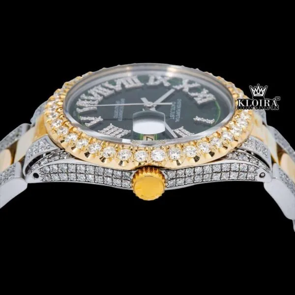 Yellow Roman Numerals Green Dial Two Tone Moissanite Diamond Watch Crown View