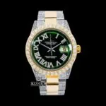 Yellow Roman Numerals Green Dial Two Tone Moissanite Diamond Watch