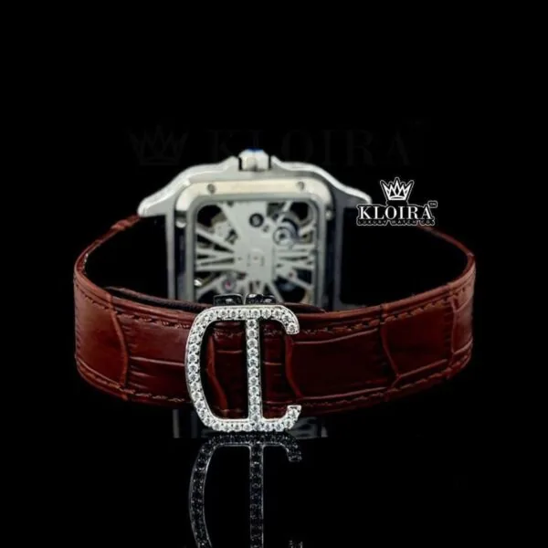 Yellow Skeleton Dial Brown Leather Strap Moissanite Diamond Watch Caseback View