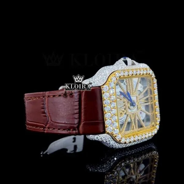 Yellow Skeleton Dial Brown Leather Strap Moissanite Diamond Watch Crown View