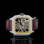 Yellow Skeleton Dial Brown Leather Strap Moissanite Diamond Watch