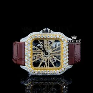 Yellow Skeleton Dial Brown Leather Strap Moissanite Diamond Watch