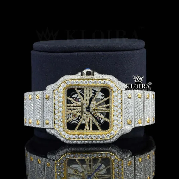 Yellow Skeleton Dial Fully Iced Out Two Tone Moissanite Diamond Watch Front Close Up View