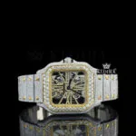 Yellow Skeleton Dial Fully Iced Out Two Tone Moissanite Diamond Watch