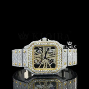 Yellow Skeleton Dial Fully Iced Out Two Tone Moissanite Diamond Watch