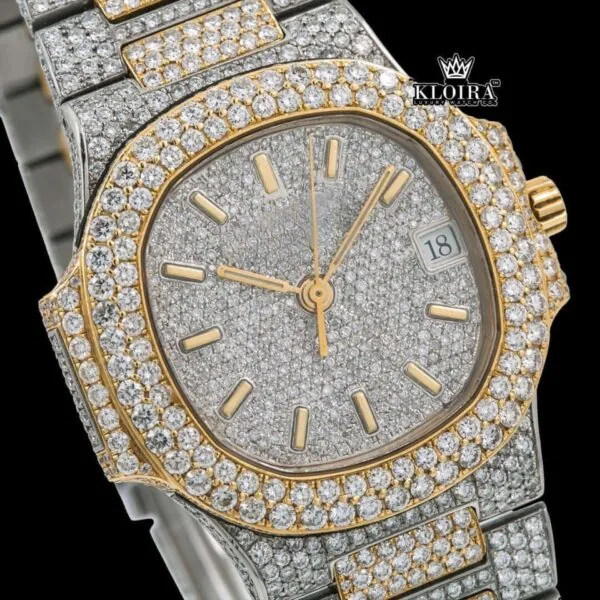 Yellow Stick Markers White Dial Two Tone Iced Out Moissanite Watch Close Up Dial View
