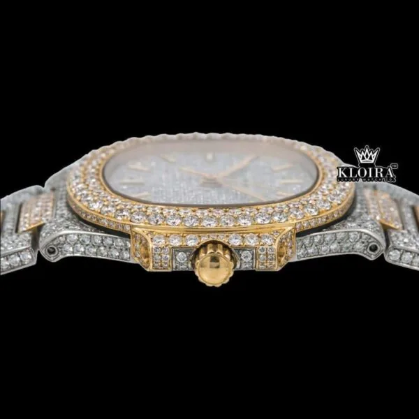 Yellow Stick Markers White Dial Two Tone Iced Out Moissanite Watch Crown View