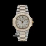 Yellow Stick Markers White Dial Two Tone Iced Out Moissanite Watch