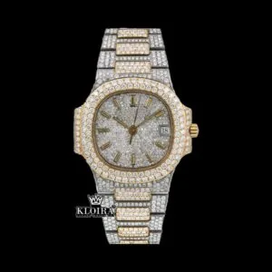 Yellow Stick Markers White Dial Two Tone Iced Out Moissanite Watch