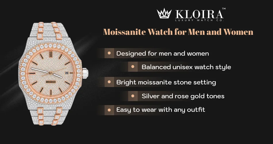 moissanite watch for men and women with silver and rose gold two tone design