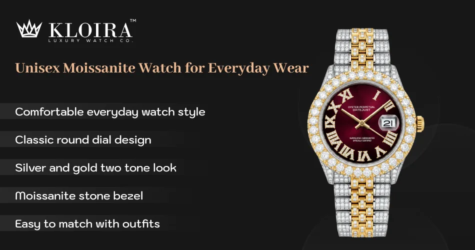 unisex moissanite watch for everyday wear with silver and gold two tone design