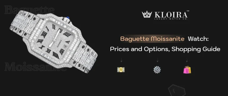baguette moissanite watch featuring square dial and baguette cut stones on bezel and bracelet
