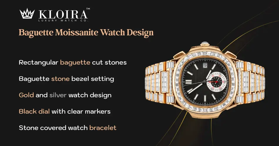 baguette moissanite watch featuring rectangular stones on bezel and two-tone bracelet