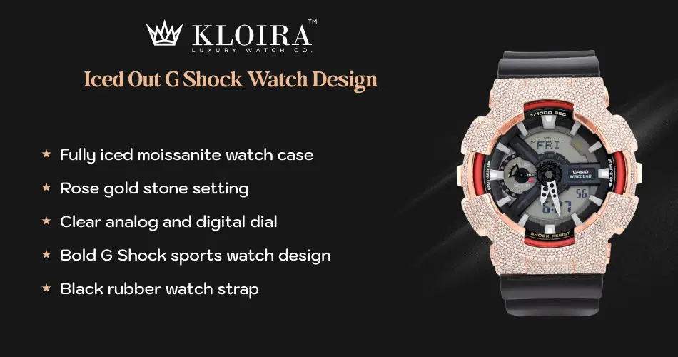 iced out G Shock watch design with rose gold moissanite case and black rubber strap