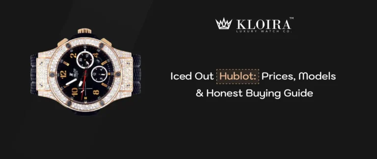 iced out Hublot watch with gold tone stone-covered case and black chronograph dial