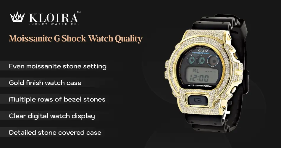 moissanite G Shock watch with gold finish stone covered case and black rubber strap