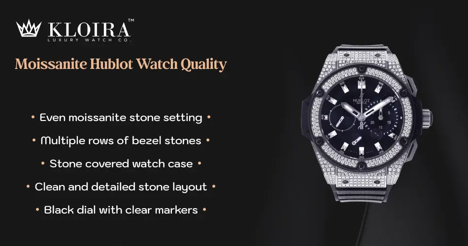 moissanite Hublot watch with black dial and silver stone-covered case