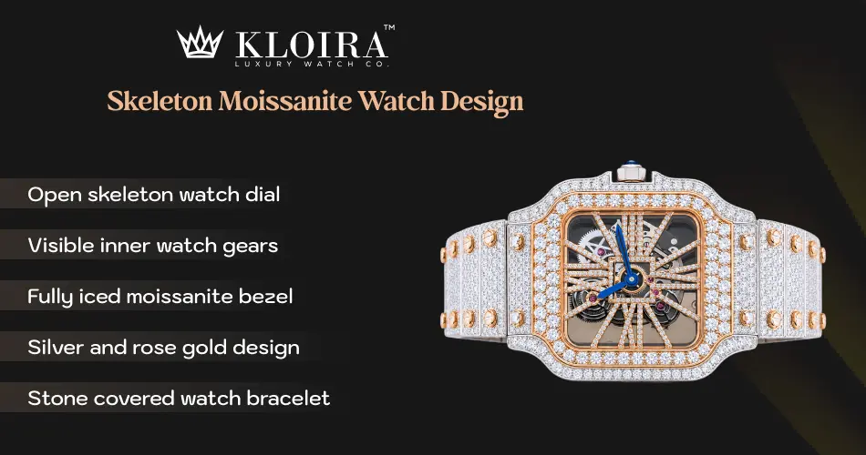 skeleton moissanite watch design with open dial, rose gold bezel and silver iced bracelet