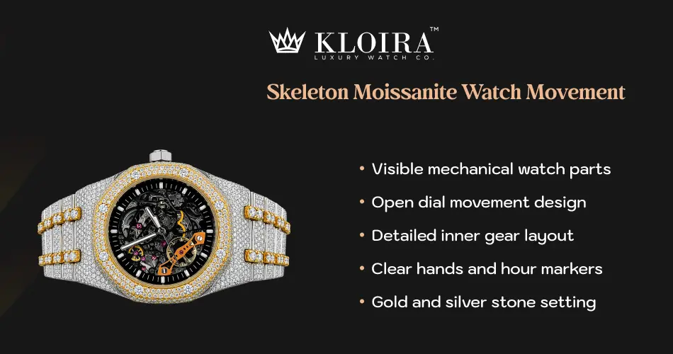skeleton moissanite watch featuring exposed mechanical movement and two-tone stone-covered bracelet