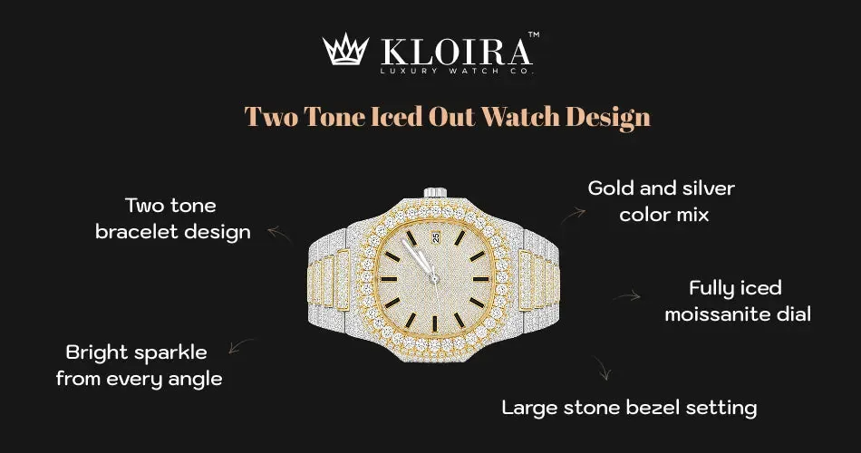 two tone iced out watch design with gold silver finish and moissanite stones