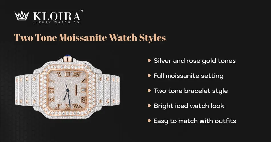 two tone moissanite watch styles with silver and rose gold iced design